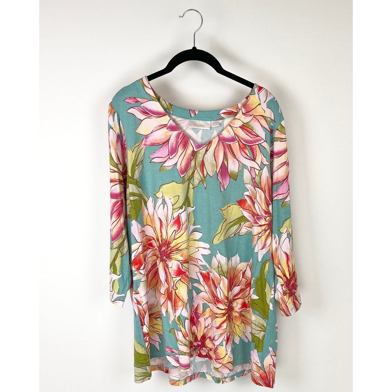 Teal Floral Design Top – Size 14-16