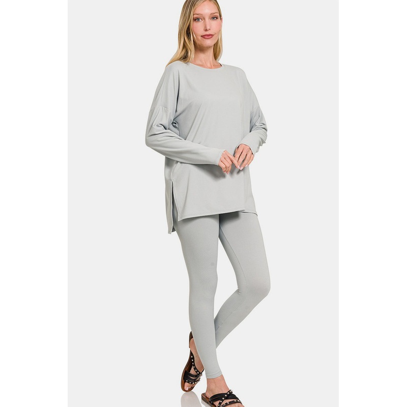 Zenana Full Size Brushed Microfiber Top and Leggings Lounge Set Lt Grey S