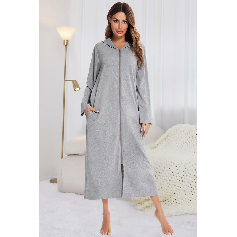 Zip Front Hooded Night Dress with Pockets Light Gray S
