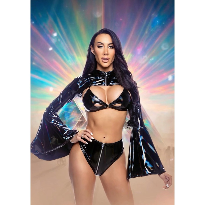 Bell Sleeve Vinyl Shrug with Zipper Closure Black Small/Medium