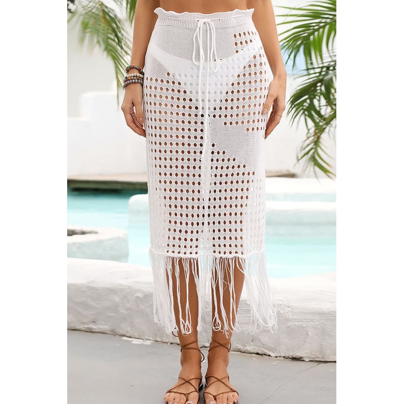 Angel Wings Fringe Hem Drawstring Waist Openwork Skirt Black S