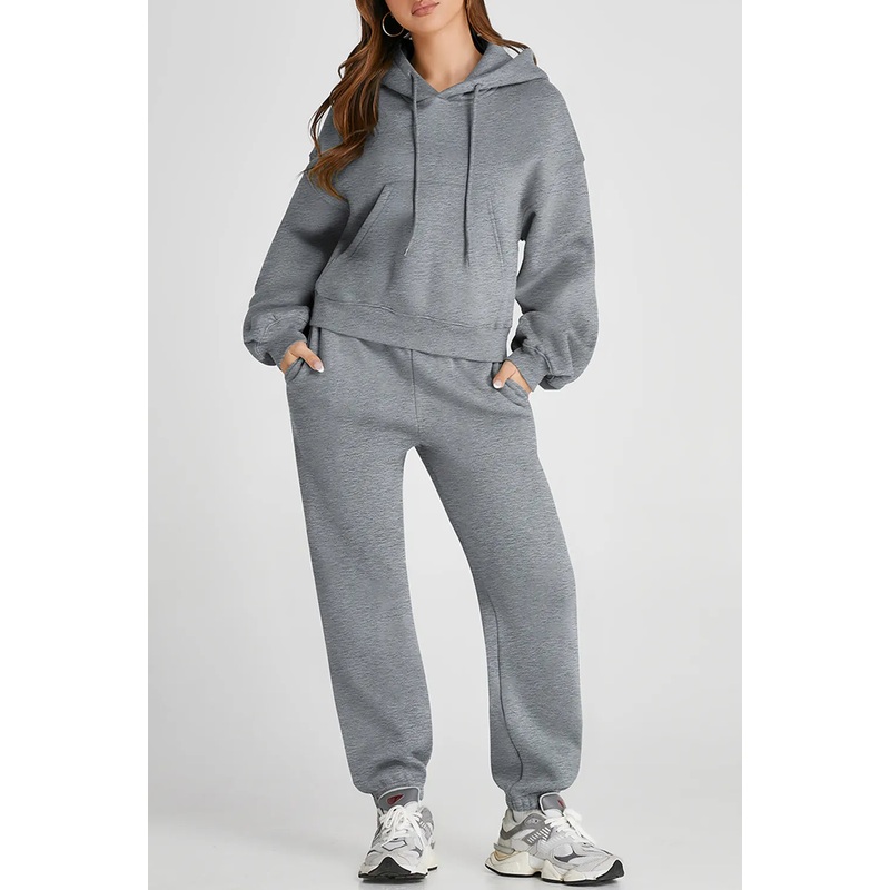 Dropped Shoulder Hooded Top and Pants Active Set Gray S