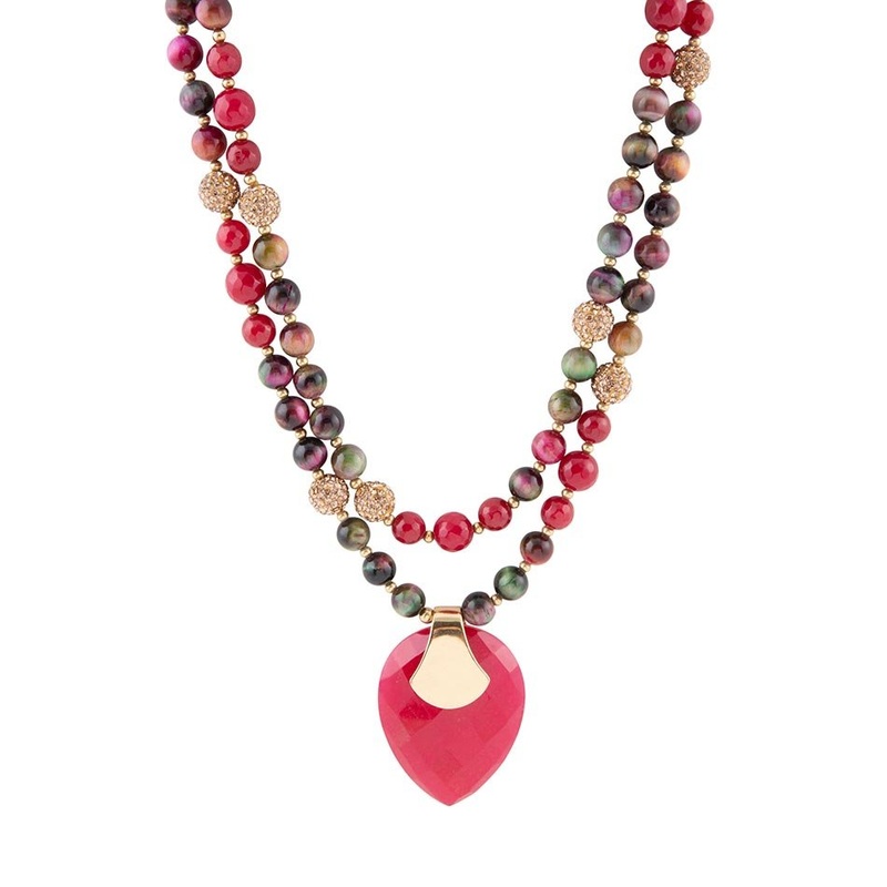 Jeweled Multi-Color Tiger’s Eye and Rasberry Quartz Pendant Golden Necklace