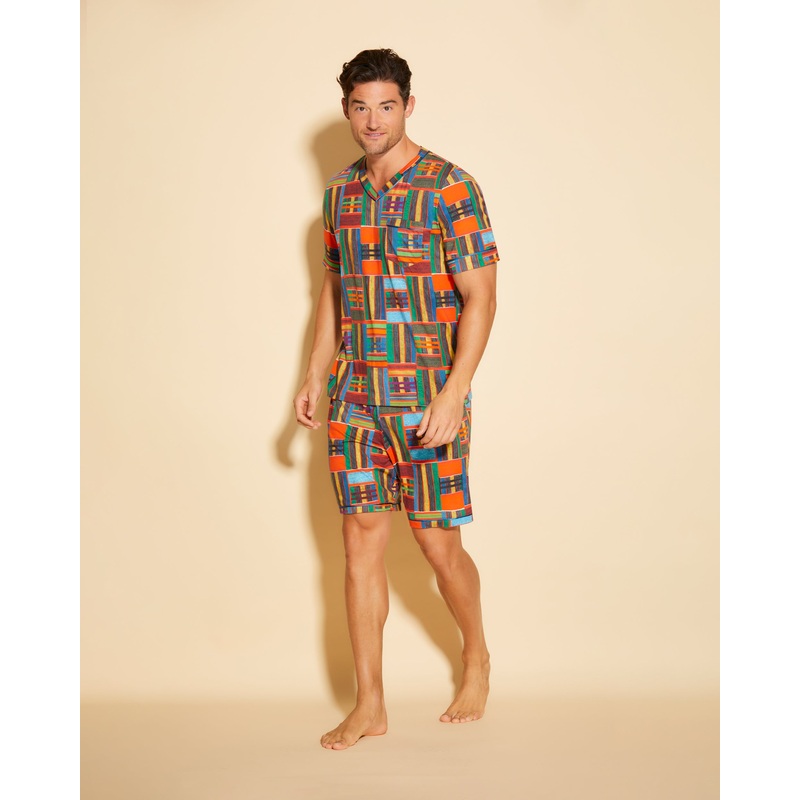 Men’s Short Sleeve Top & Shorts Pajama Set Kente S