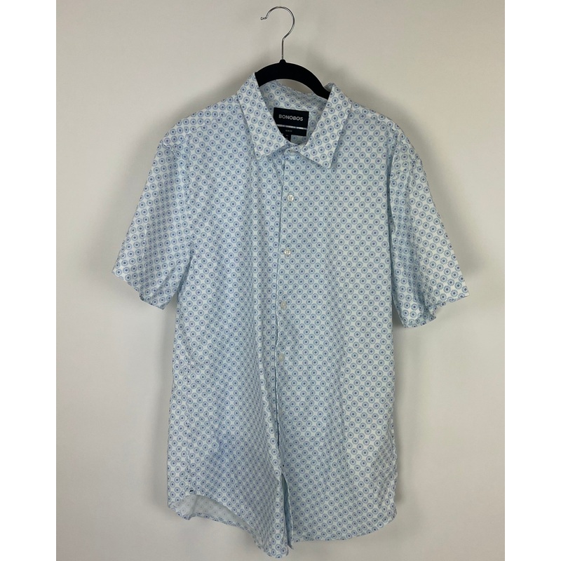 MENS Blue and Purple Flower Button Up Short Sleeve – Medium