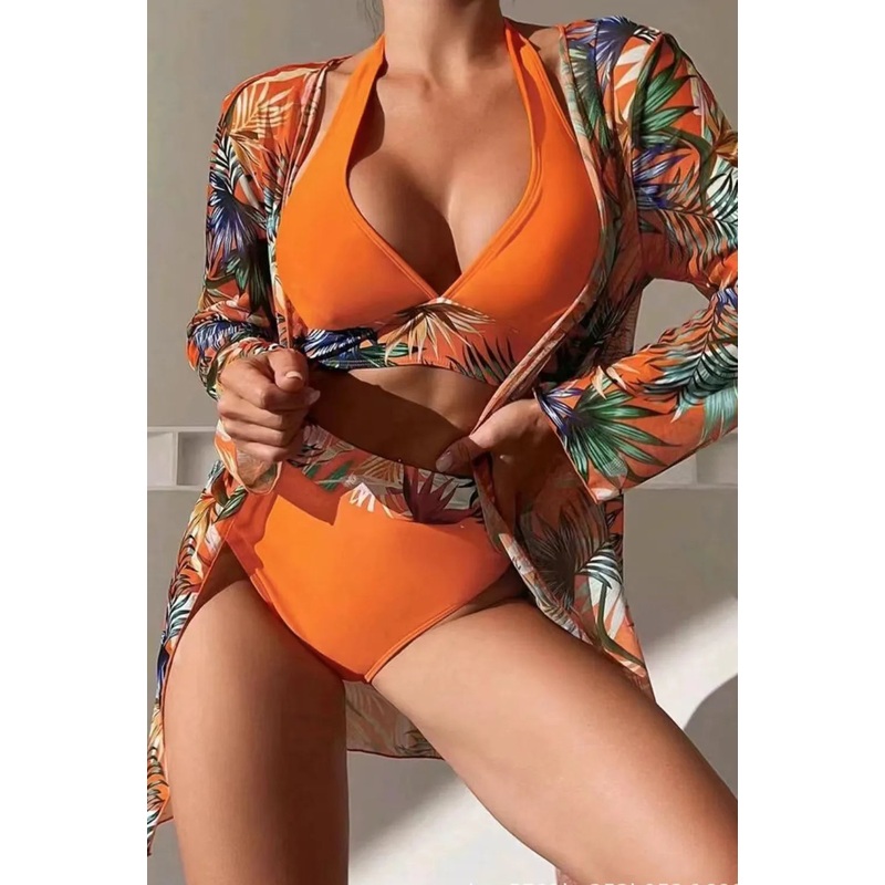 Printed Halter Neck Three-Piece Swim Set Tangerine S