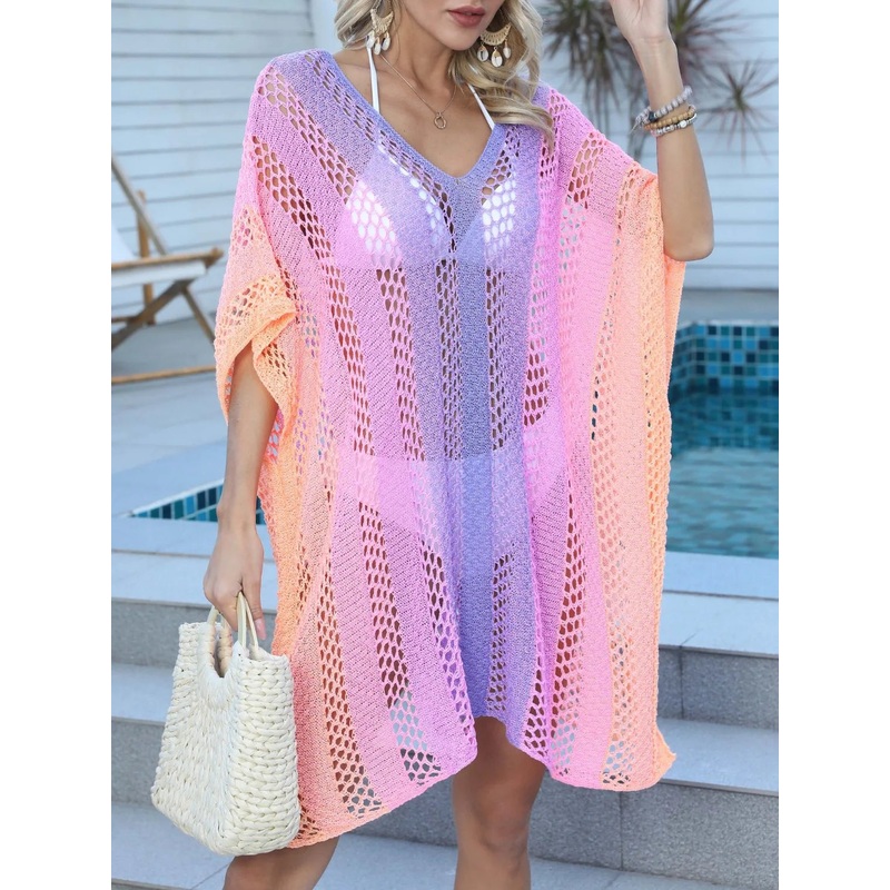 Rainbow Gradient Crochet Beach Cover Up Blush Pink One Size