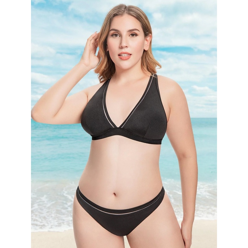 Women Sexy Two Piece Swimwear Plunge V Swimsuit Bikini Set Black M Only One Pant