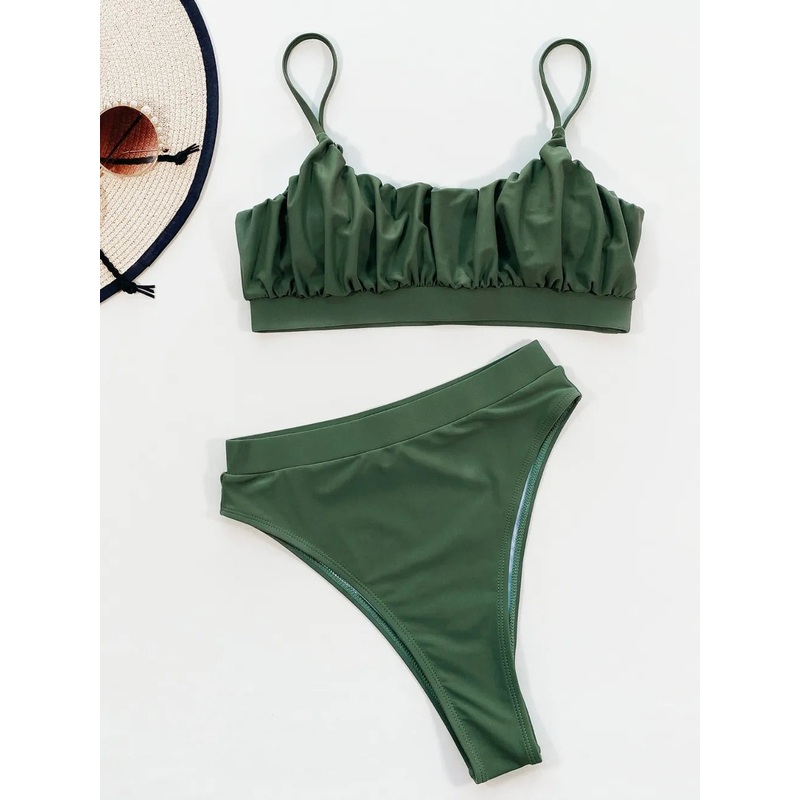 Adjustable Strap Ruched Two-Piece Swim Set Army Green S