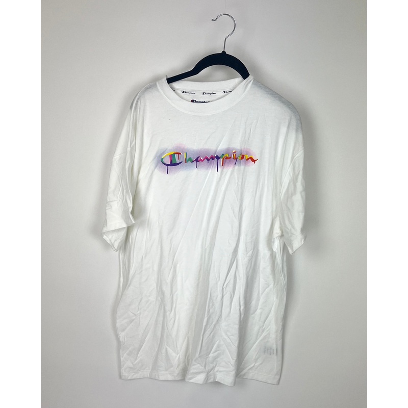 MENS White T-Shirt with Rainbow Logo – Medium