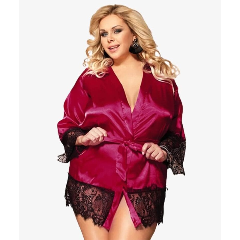 Curvy Elegant Satin Eyelash Lace Long Sleeve Short Robe Sleepwear with Thong – Red 8-10