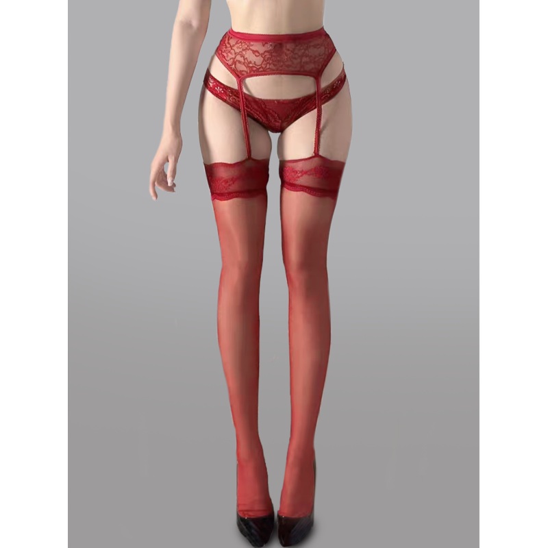 Lace Waist Garter Tights WINE RED F