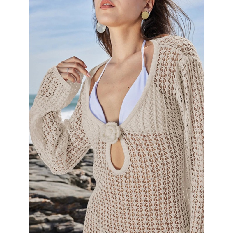 Long Sleeve Backless Cover-Up Dress Beige S