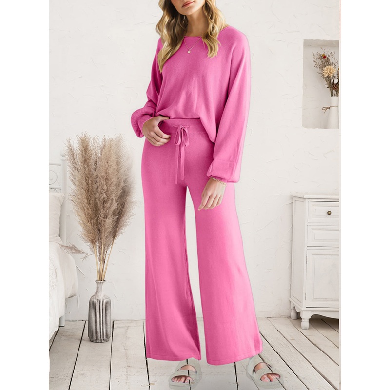 Long Sleeve Lounge Top and Drawstring Pants Set Pink S