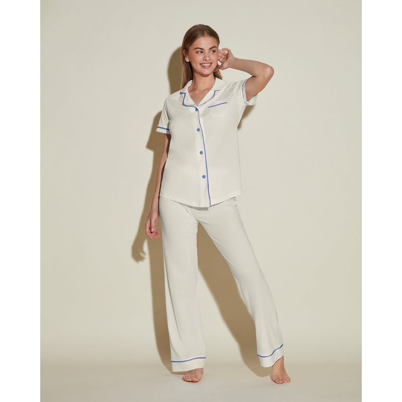 Short Sleeve Top & Pant Pajama Set Moon Ivory/Portofino Blue XS