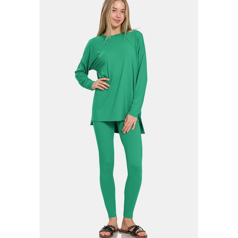 Zenana Full Size Brushed Microfiber Top and Leggings Lounge Set K Green S