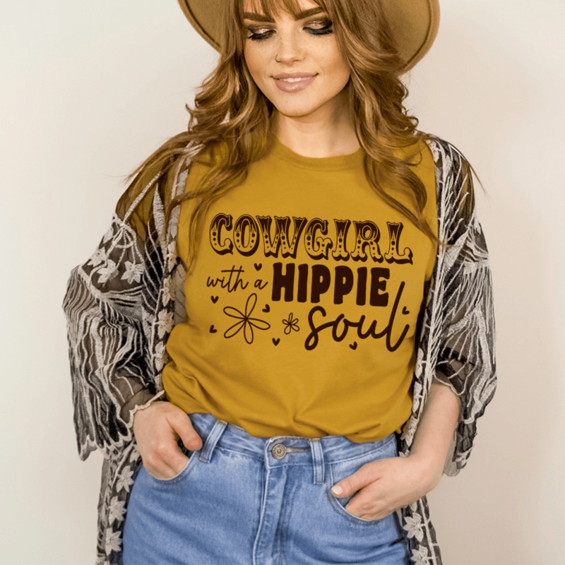 Cowgirl With Hippie Soul Tee Mustard S