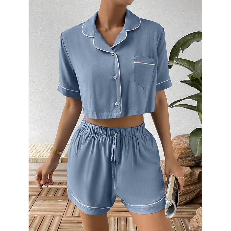 Ivy Lane Contrast Lapel Collar Cropped Shirt and Shorts Lounge Set Light Blue S