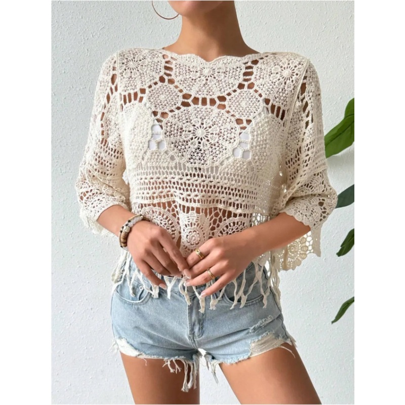 Openwork Round Neck Cover-Up Dust Storm One Size