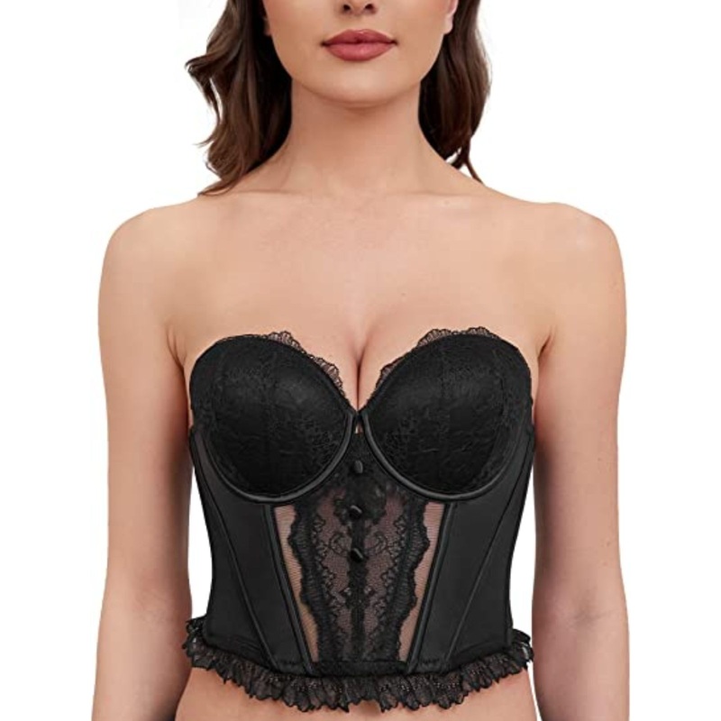 Strapless Bra Longline Corset Push Up Boned Underwire Sexy Sheer Mesh Lace-Trim Black 32B/70B