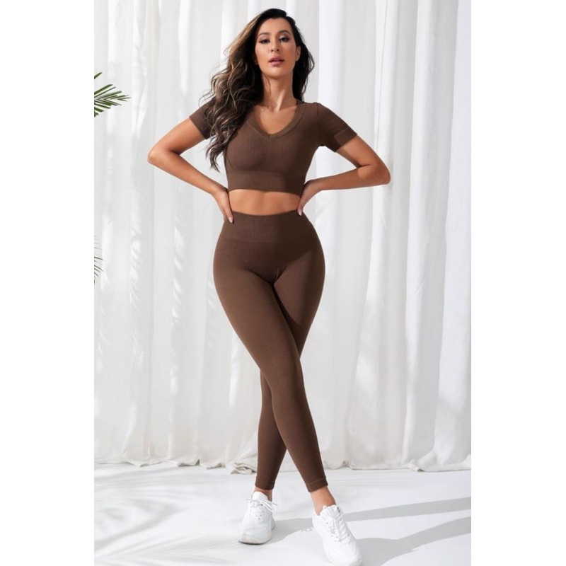 V-Neck Crop Top and High Waistband Long Active Pants Chocolate S
