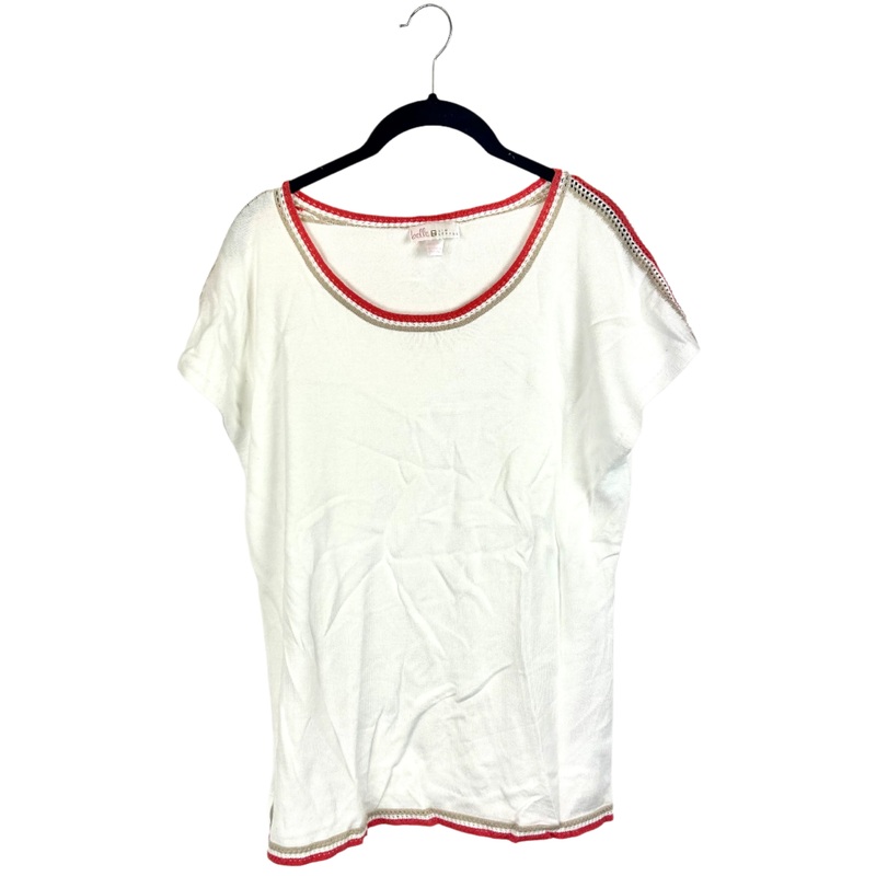 Ivory Tee with Coral and Taupe Coastal Trim- Size 6/8