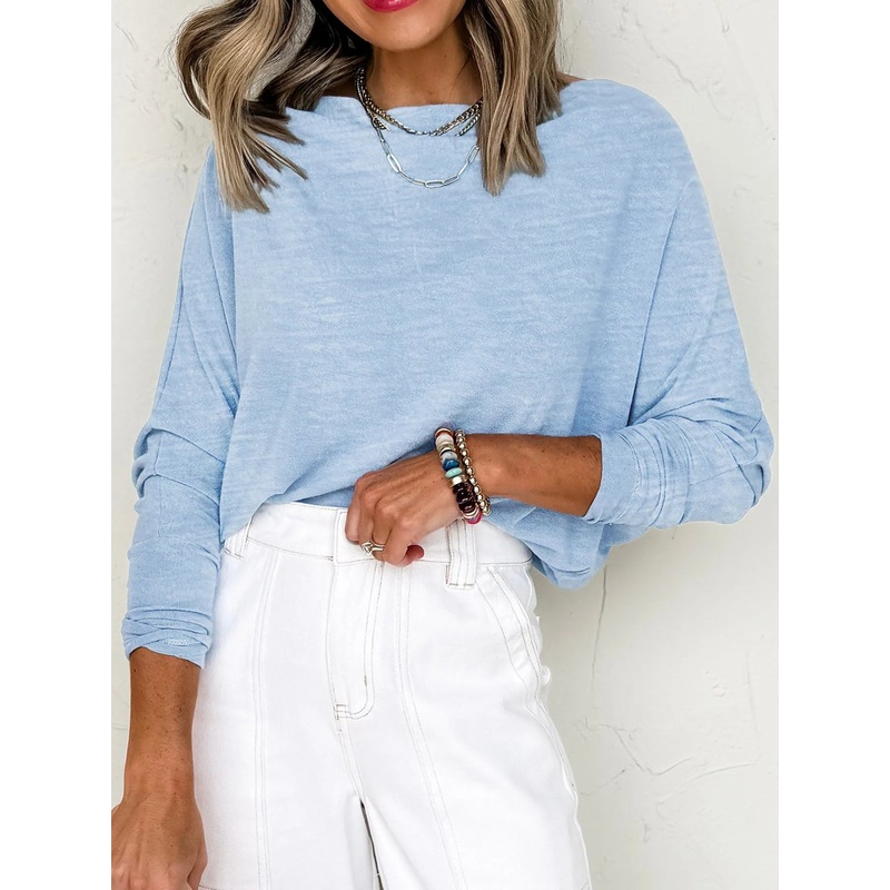 Solid Color Batwing Long Sleeve Top Light Blue S