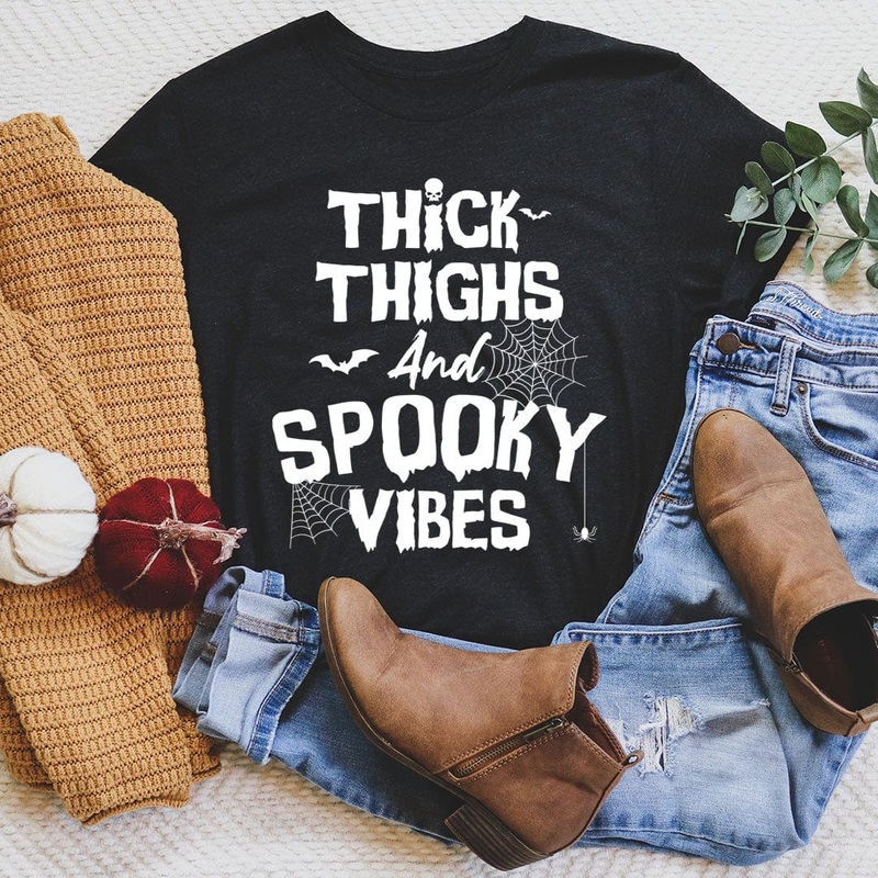 Thick Thighs And Spooky Vibes Tee Black Heather S