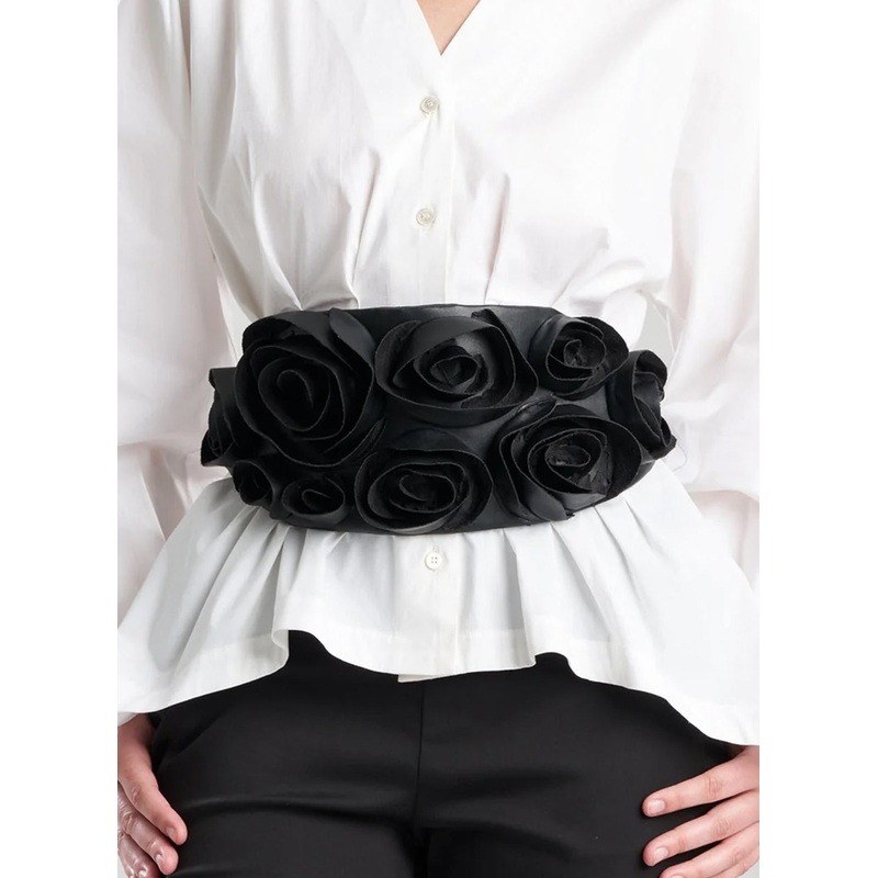 Vegan Luxe Lambskin Black Obi Belt with 3D Floral Black O/S
