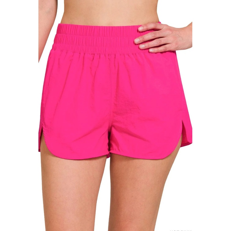 Zenana Windbreaker Smocked Waistband Running Shorts HOT PINK S