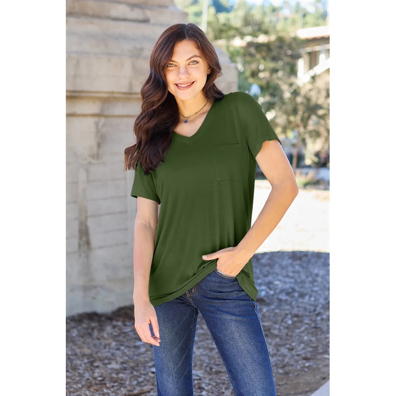 Basic Bae Full Size V-Neck Short Sleeve T-Shirt Matcha Green S