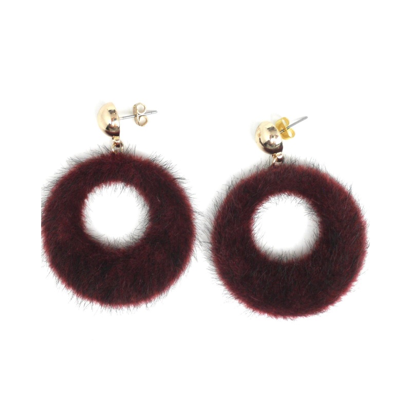 Dark Red Fuzzy Dangling Circle Earrings