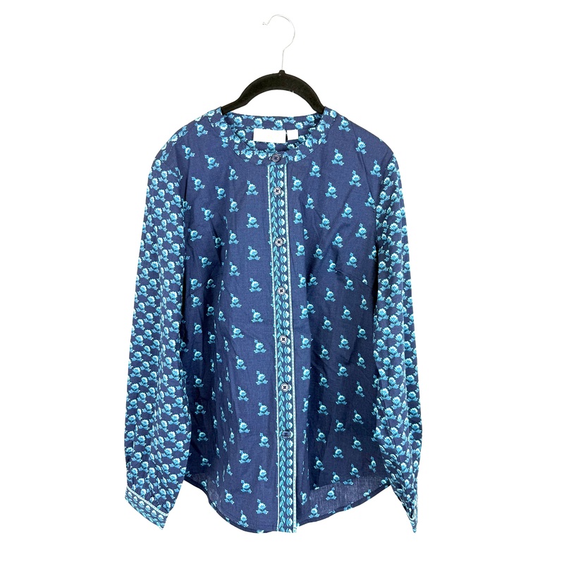 Navy Blue And Turquoise Paisley Button Down Blouse – Size 6/8