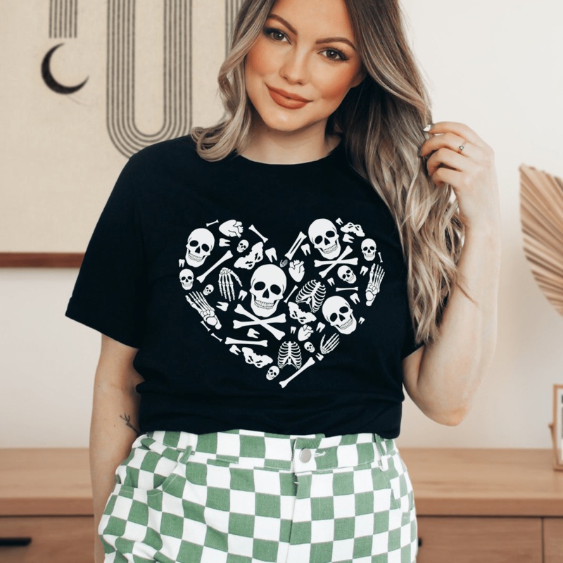 Skeleton Bones Heart Tee Black Heather S