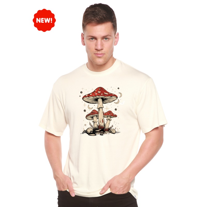 Boho Retro Hippie Mushrooms Natural Unisex Bamboo/Cotton Graphic T-Shirt Small Black
