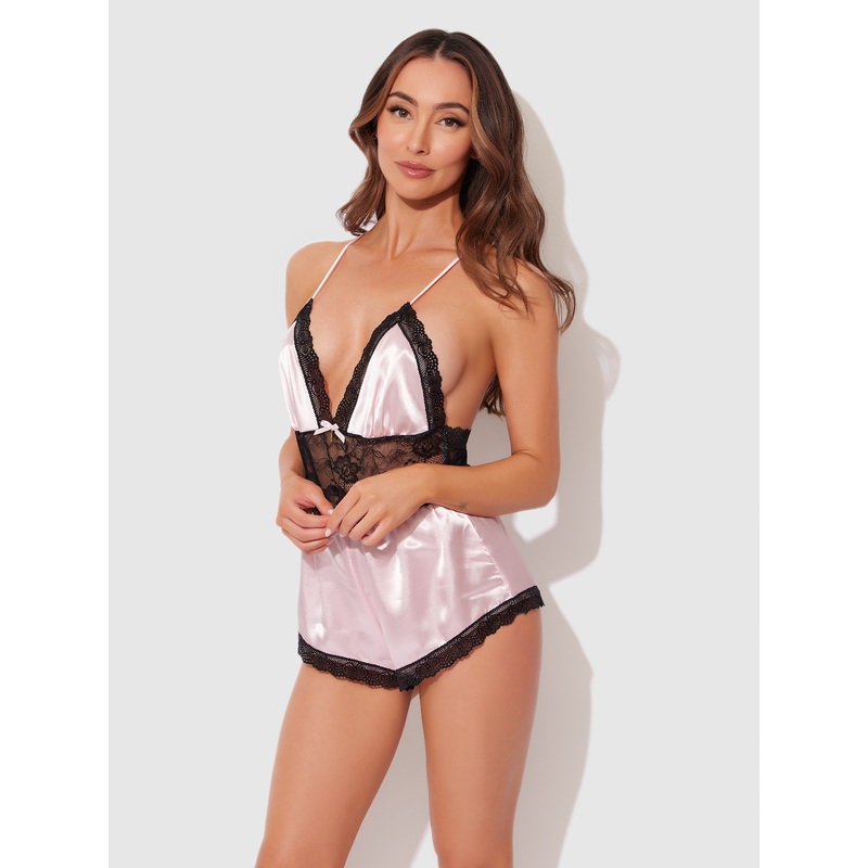 Elisa Satin & Lace Racerback Sleep Romper Light Pink S