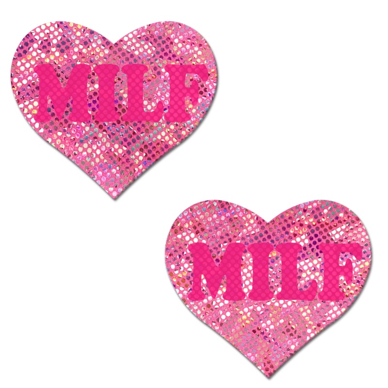 Love: ‘MILF’ on Disco Pink Heart Nipple Pastiesby Pastease o/s