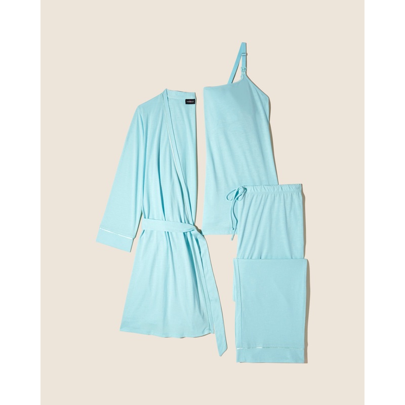 Pyjama-Set Fr Schwangere, 3-Teilig, Mit Bademantel Maldives/Lagoon Mint S