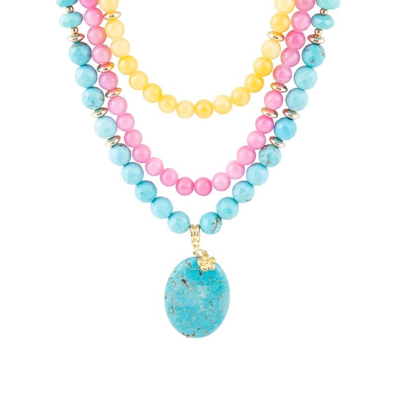 St. Augustine Pink Agate and Blue Turquoise Golden Pendant Necklace