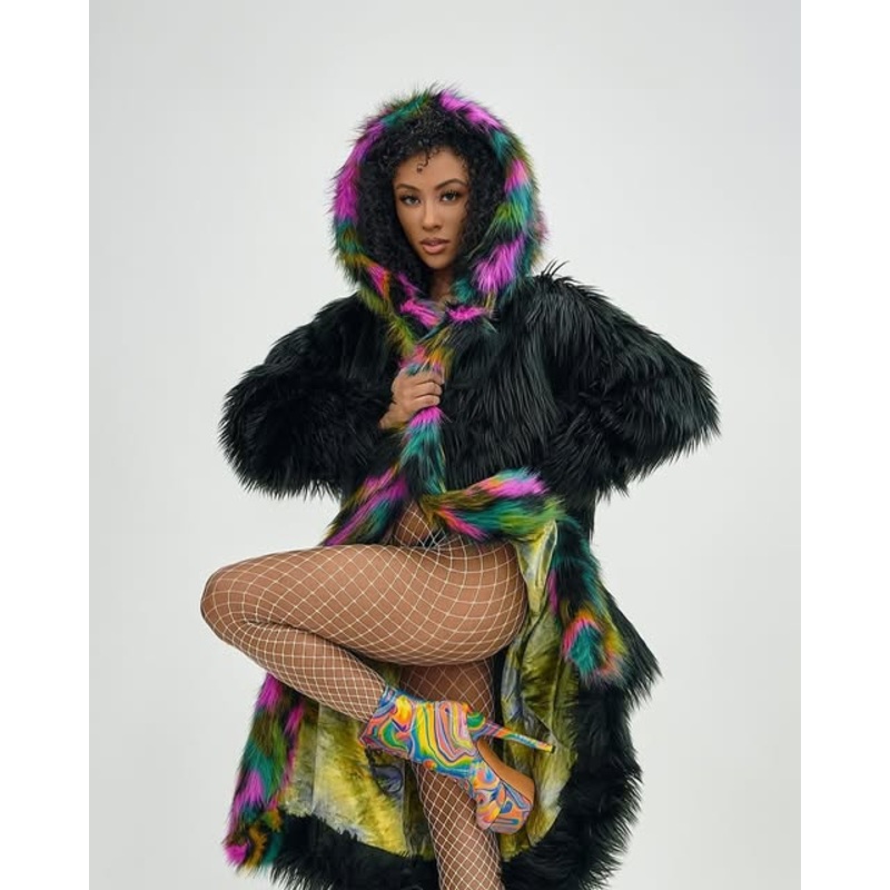 ElectroFur Mid-Length Hooded Rave Coat Black/Multi Small/Medium