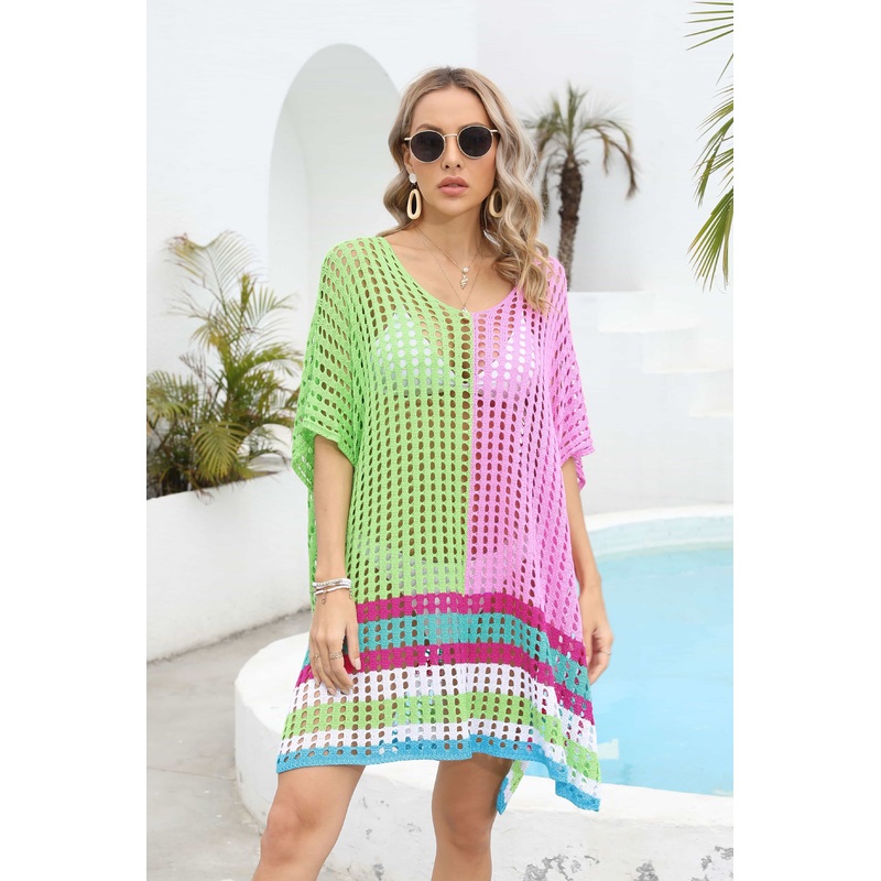 Contrast Scoop Neck Openwork Half Sleeve Cover Up Yellow-Green One Size