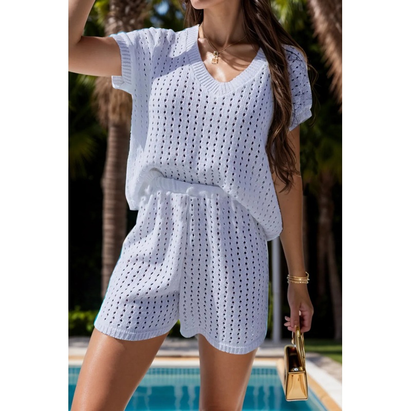 Openwork Short Sleeve Top and Shorts Cover Up Set White S