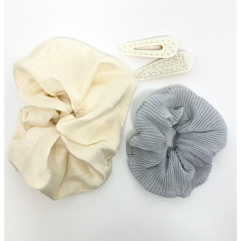 Cream And Glittery Grey Hair Clip Scrunchie Set