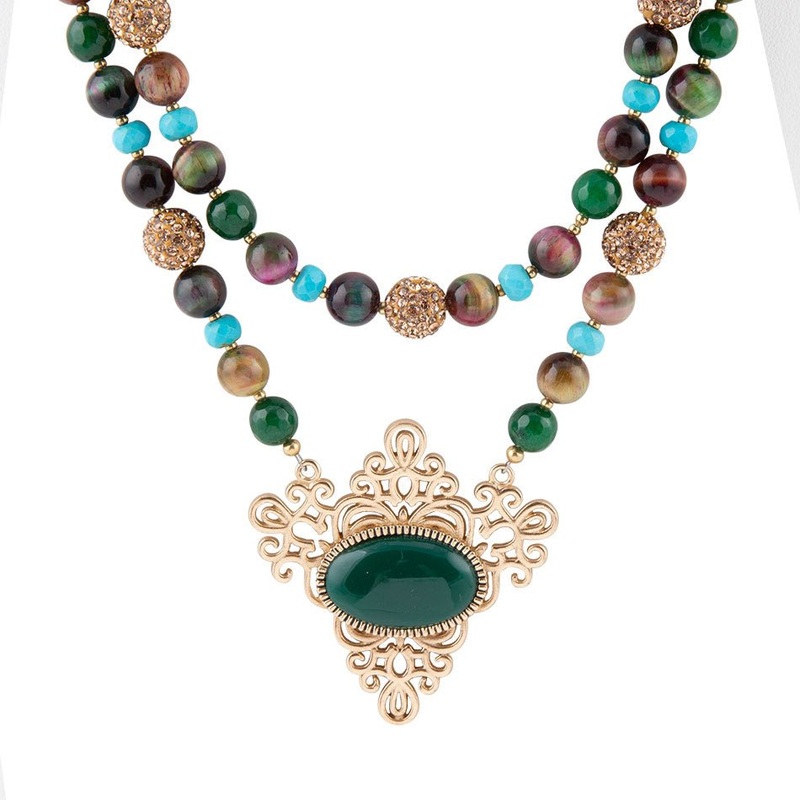 Jeweled Tyger’s Eye and Green Onyx Golden Pendant Necklaces