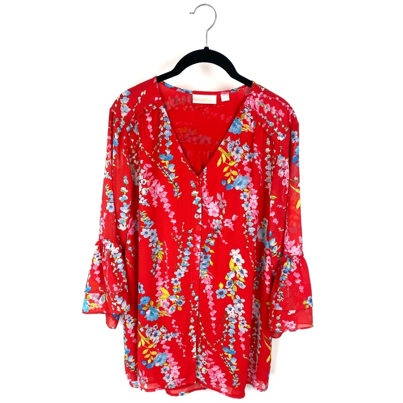 Red Button Up Floral Print Top – Large/Extra Large