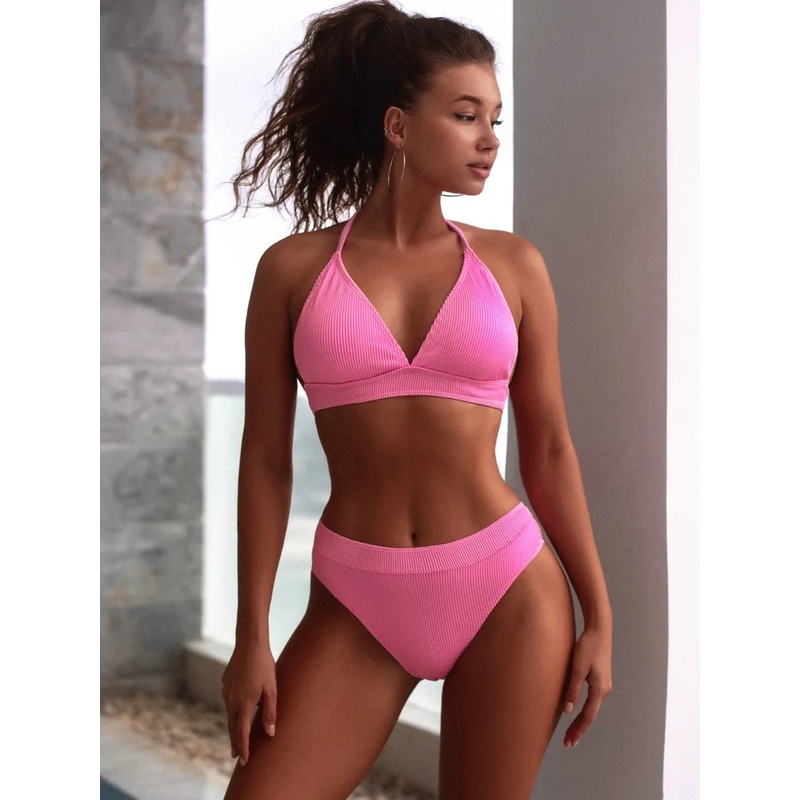 Tied Halter Neck Bikini Set Pink S