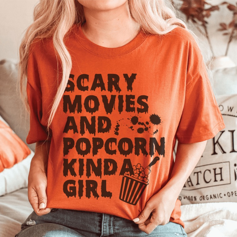 Scary Movies & Popcorn Kinda Girl Tee Burnt Orange S