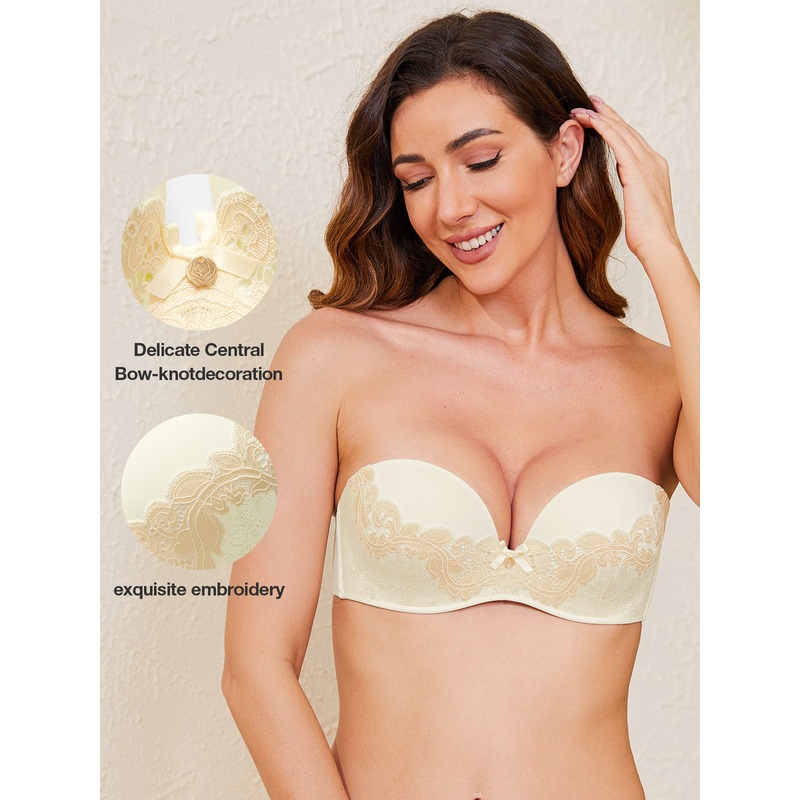 Underwire Push Up Cross-shoulder Straps Embroidery Bra Ivory White 32B/70B