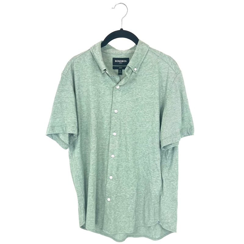 MENS Heather Green Button Down Short Sleeve Shirt – Medium
