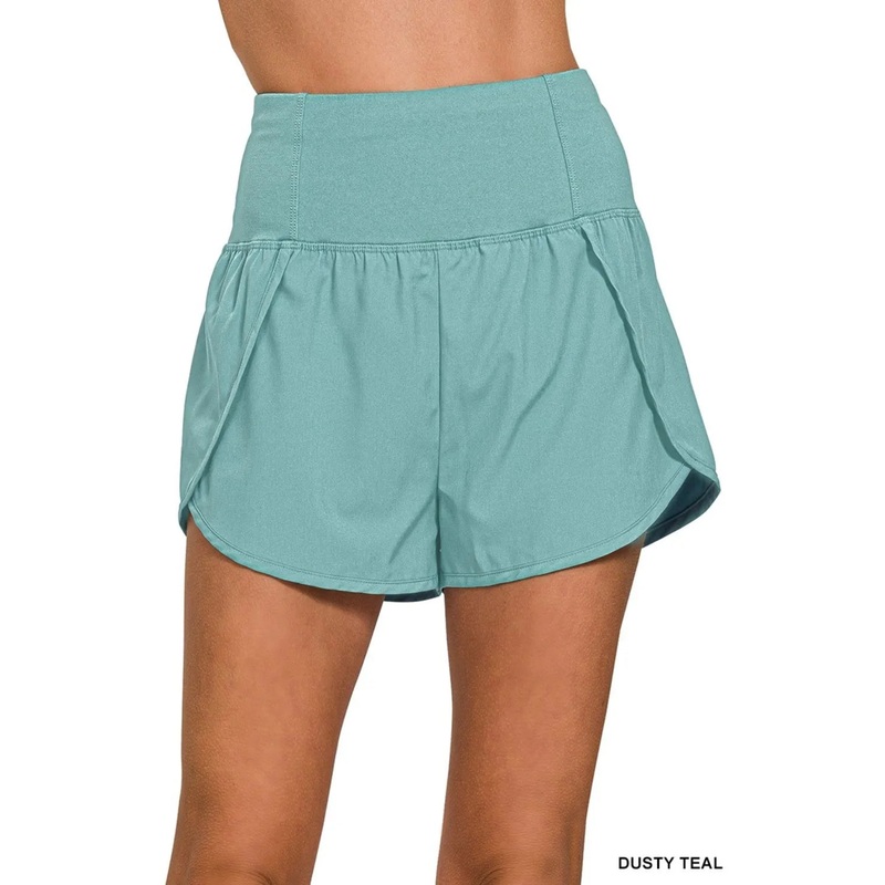 Zenana High Waisted Zippered Back Pocket Running Shorts DUSTY TEAL S